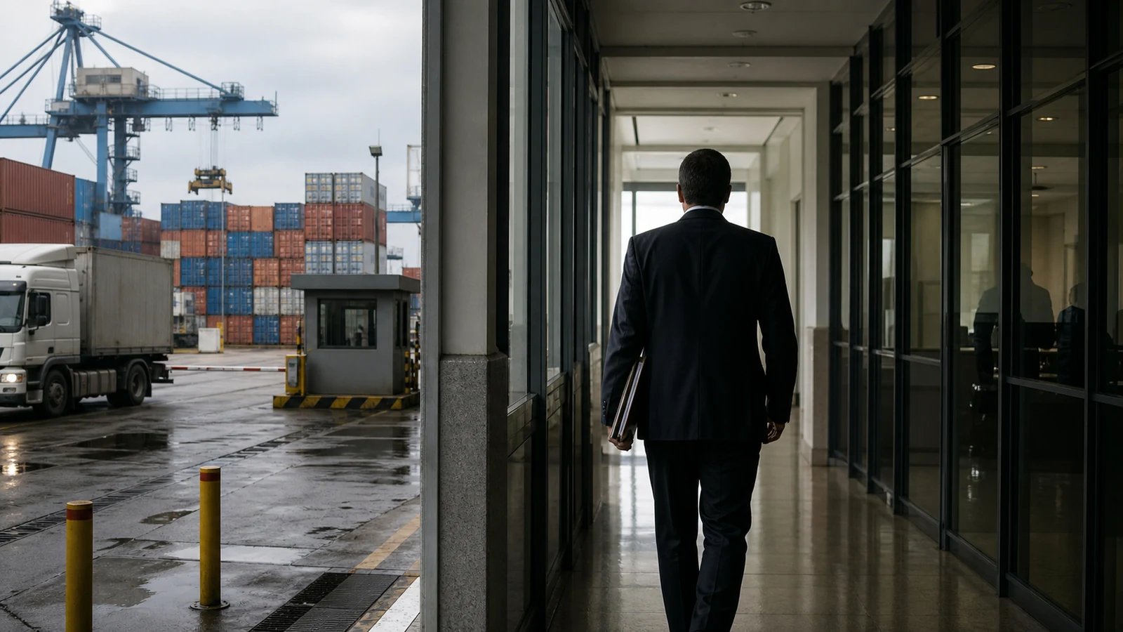 Funcionario anónimo se retira de un edificio administrativo junto a una terminal de cargas