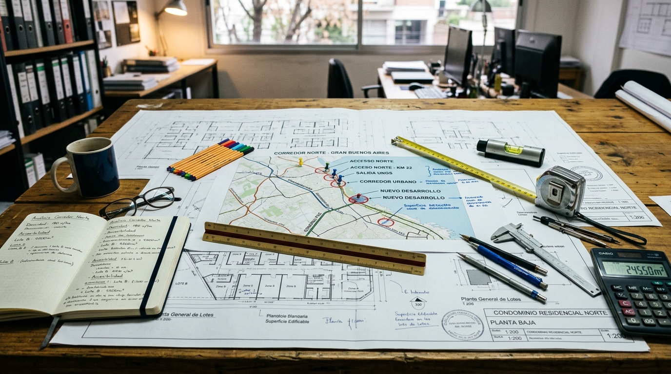 Escena editorial de análisis inmobiliario con planos y mapas del corredor norte bonaerense.