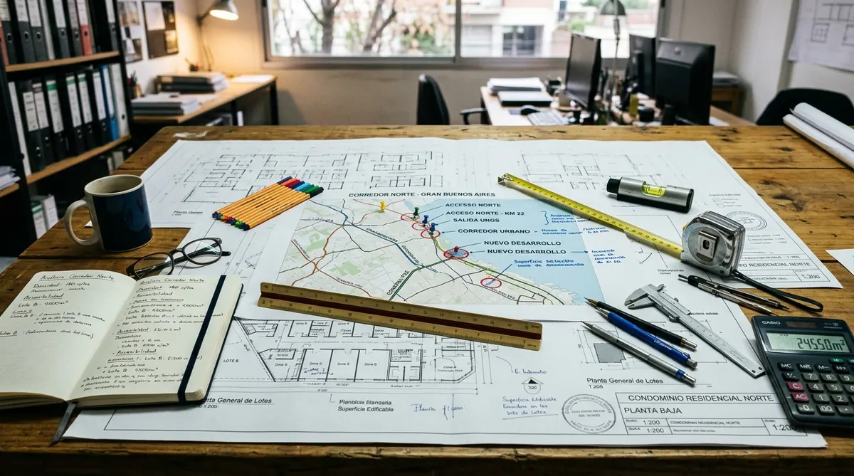 Escena editorial de análisis inmobiliario con planos y mapas del corredor norte bonaerense.