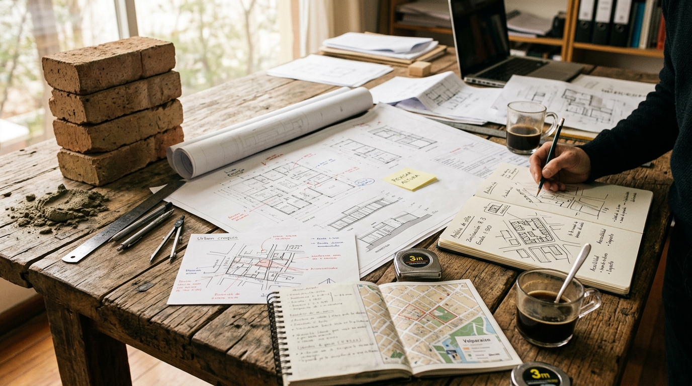 Escena editorial de análisis inmobiliario con planos, croquis y materiales de construcción tradicionales.