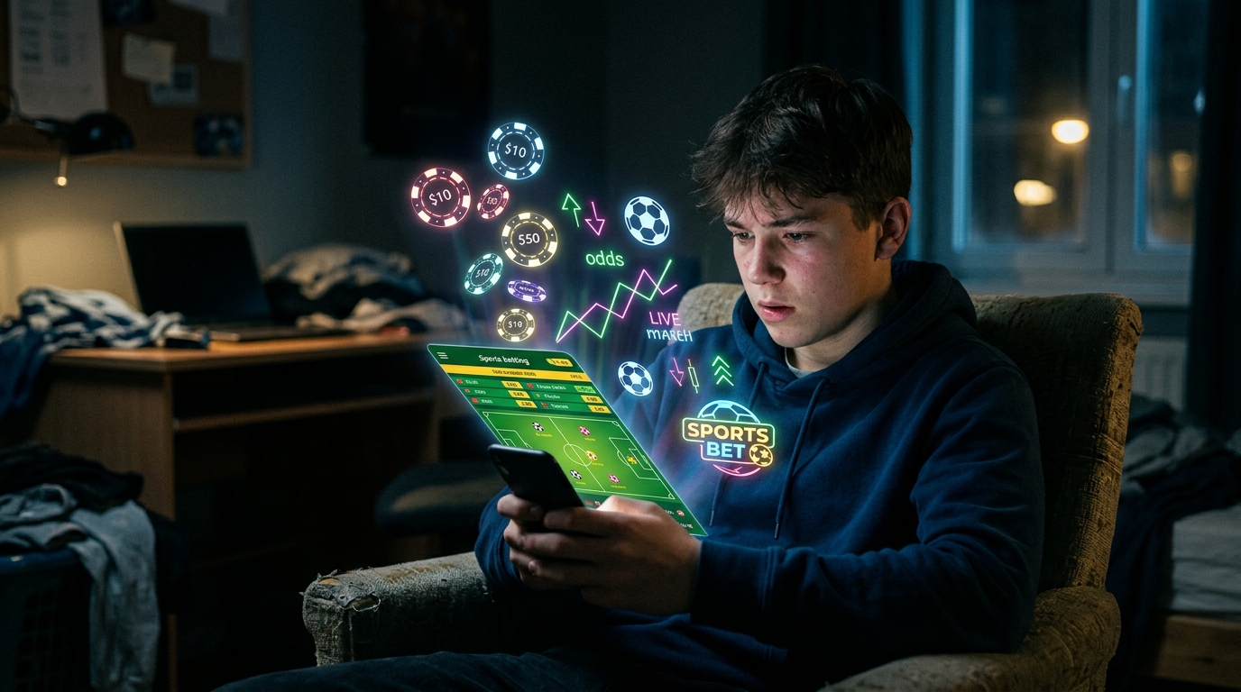 Adolescente mirando su celular con gráficos flotantes de apuestas y fútbol