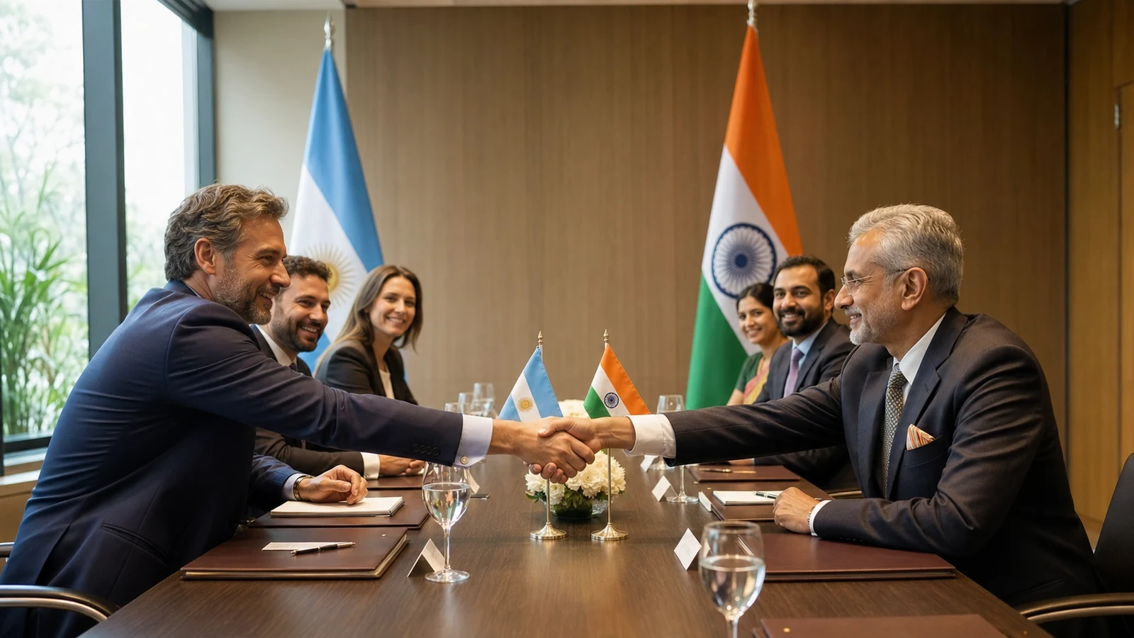 Delegaciones empresariales de Argentina e India se saludan durante una reunión bilateral