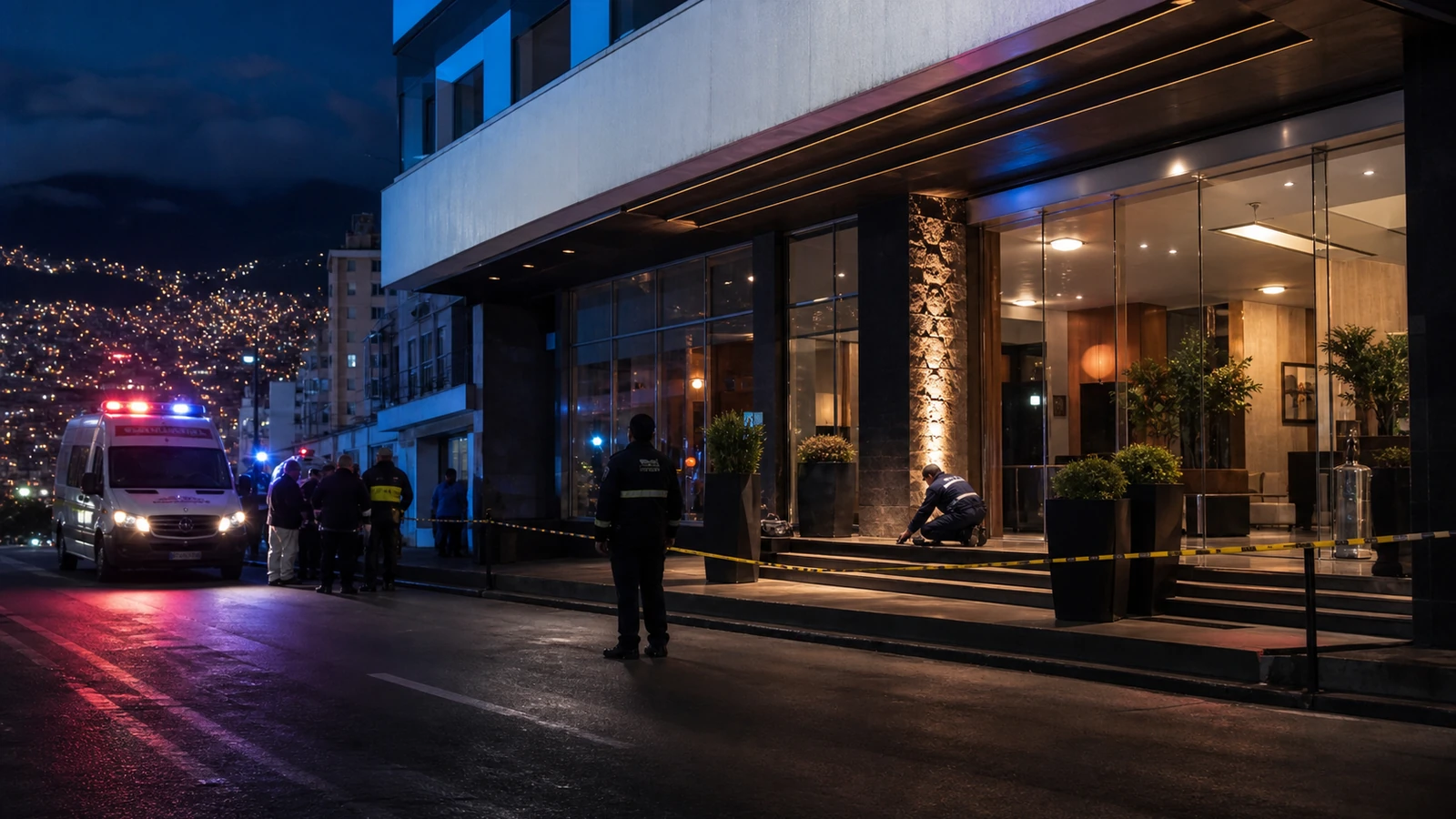 Investigadores y una ambulancia trabajan de noche frente a un hotel de La Paz después de un ataque