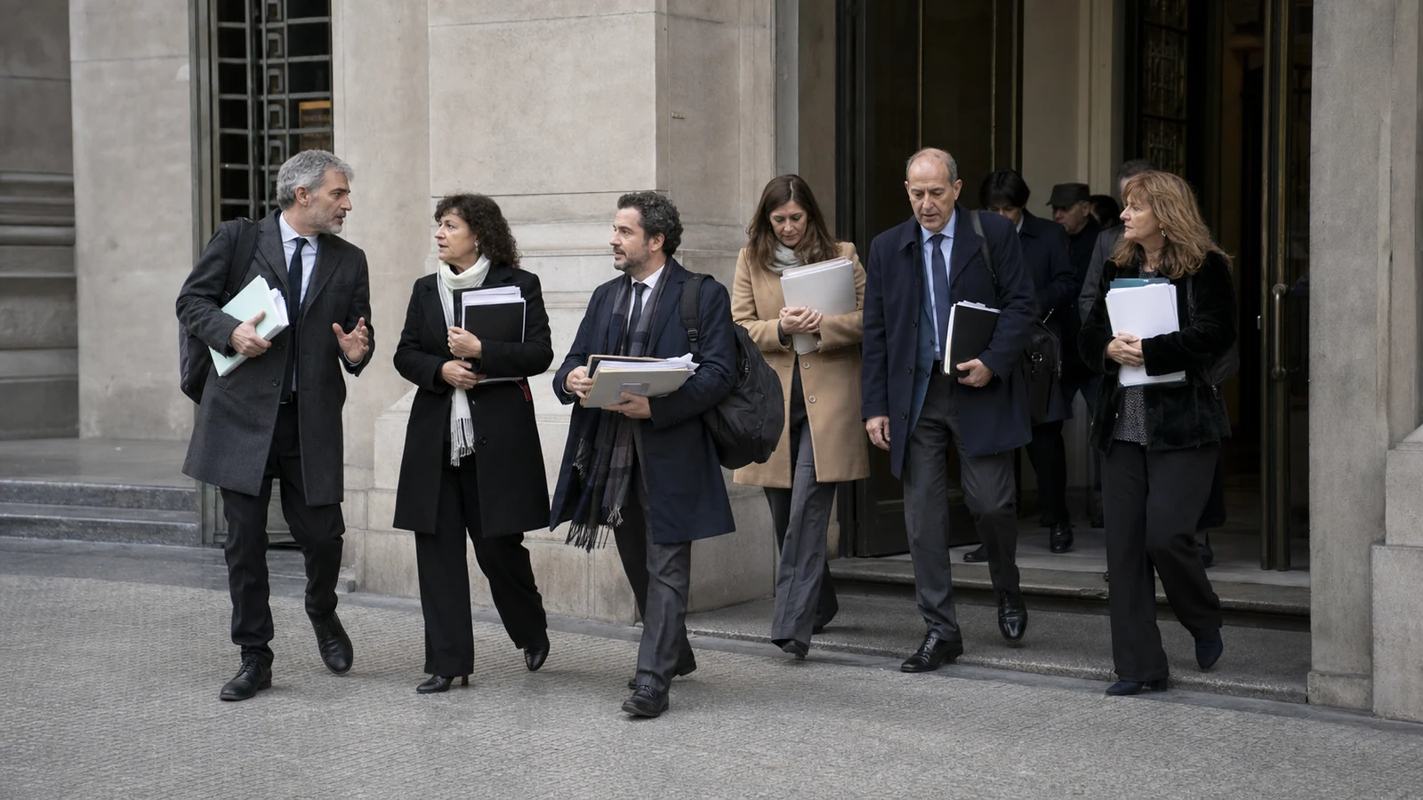Representantes universitarios y funcionarios ingresan con documentos a un edificio judicial de Buenos Aires