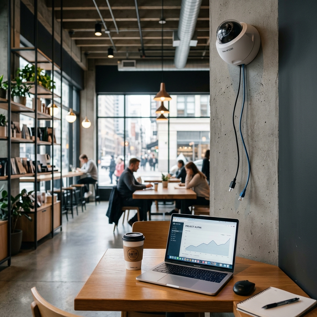 Mesa de cafetería con una computadora portátil, mientras de fondo se observa una cámara de seguridad rota o desconectada apuntando al techo, símbolo de desprotección corporativa.