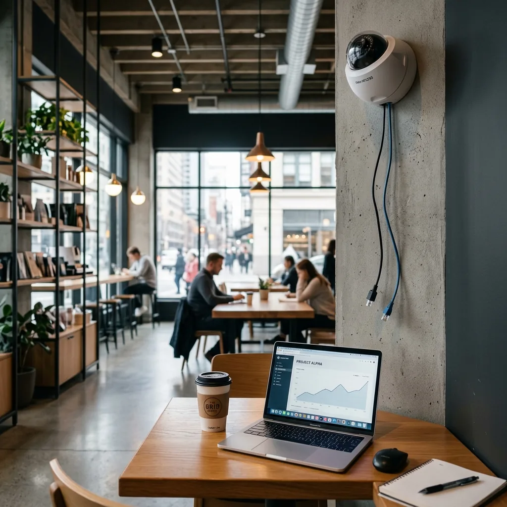 Mesa de cafetería con una computadora portátil, mientras de fondo se observa una cámara de seguridad rota o desconectada apuntando al techo, símbolo de desprotección corporativa.
