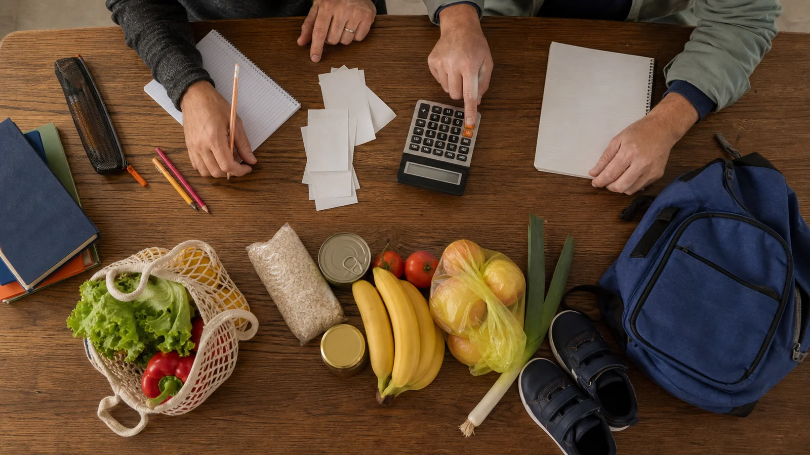 Dos adultos calculan gastos familiares junto a alimentos, útiles escolares, mochila y calzado infantil