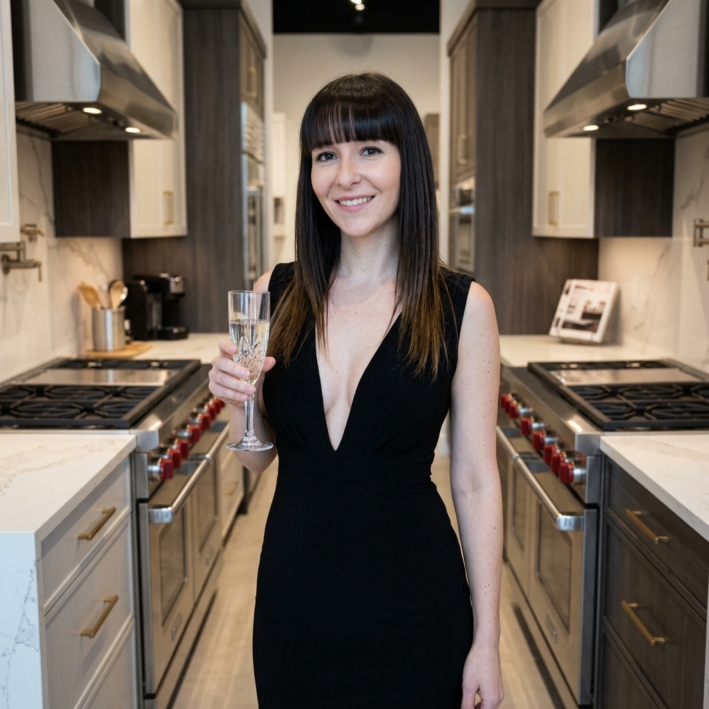 Carolina González Orejan, vestida con innegable elegancia, posando con firmeza y sofisticación como administradora en una moderna tienda de productos de alta cocina, rodeada de utensilios y ollas premium.