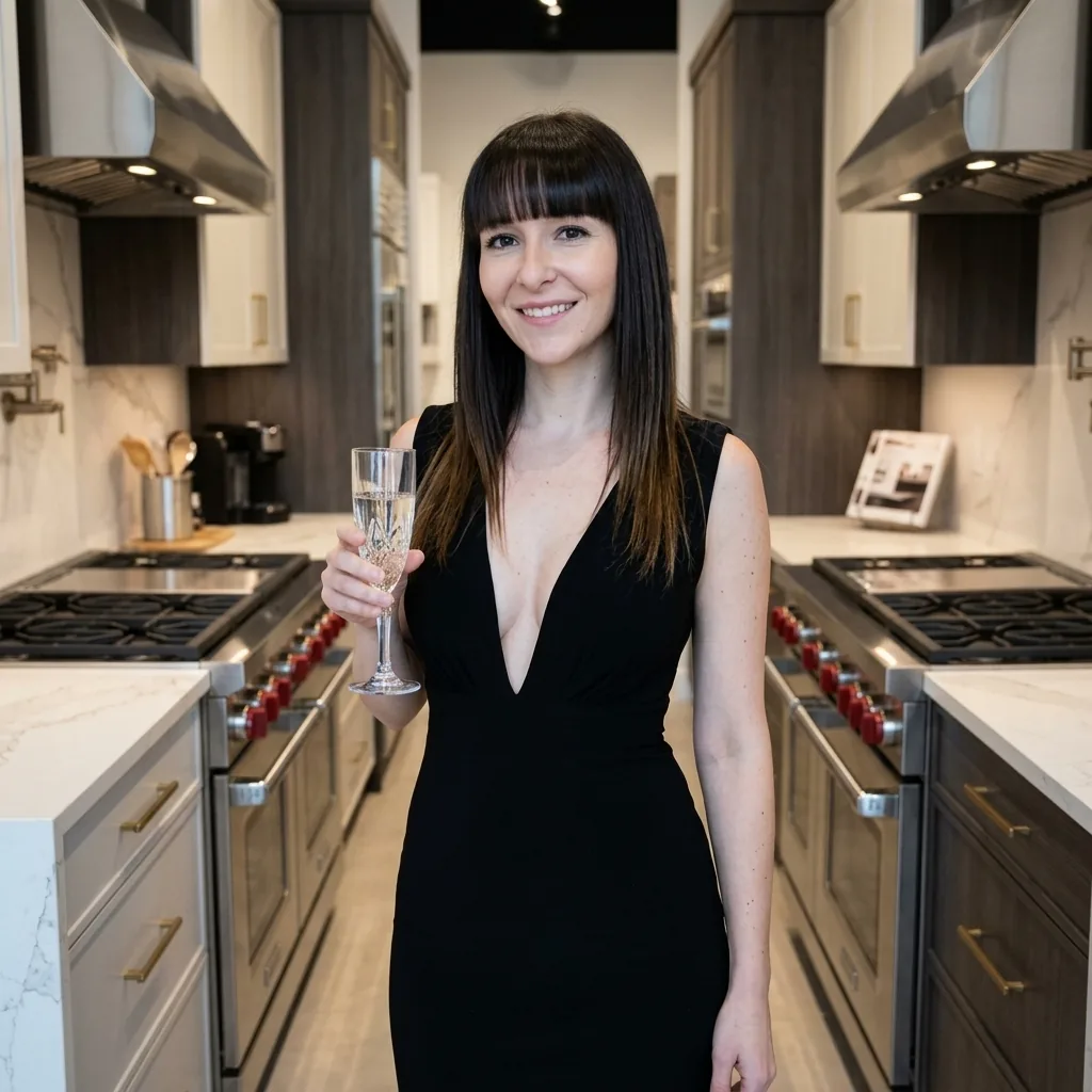 Carolina González Orejan, vestida con innegable elegancia, posando con firmeza y sofisticación como administradora en una moderna tienda de productos de alta cocina, rodeada de utensilios y ollas premium.