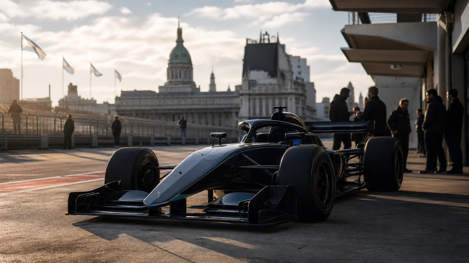 Auto de competición tipo fórmula en boxes de un autódromo de Buenos Aires