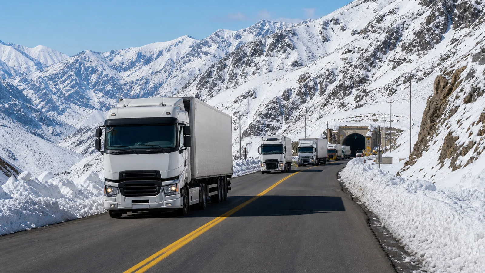 Camiones de carga circulan por una ruta despejada entre montañas nevadas de los Andes