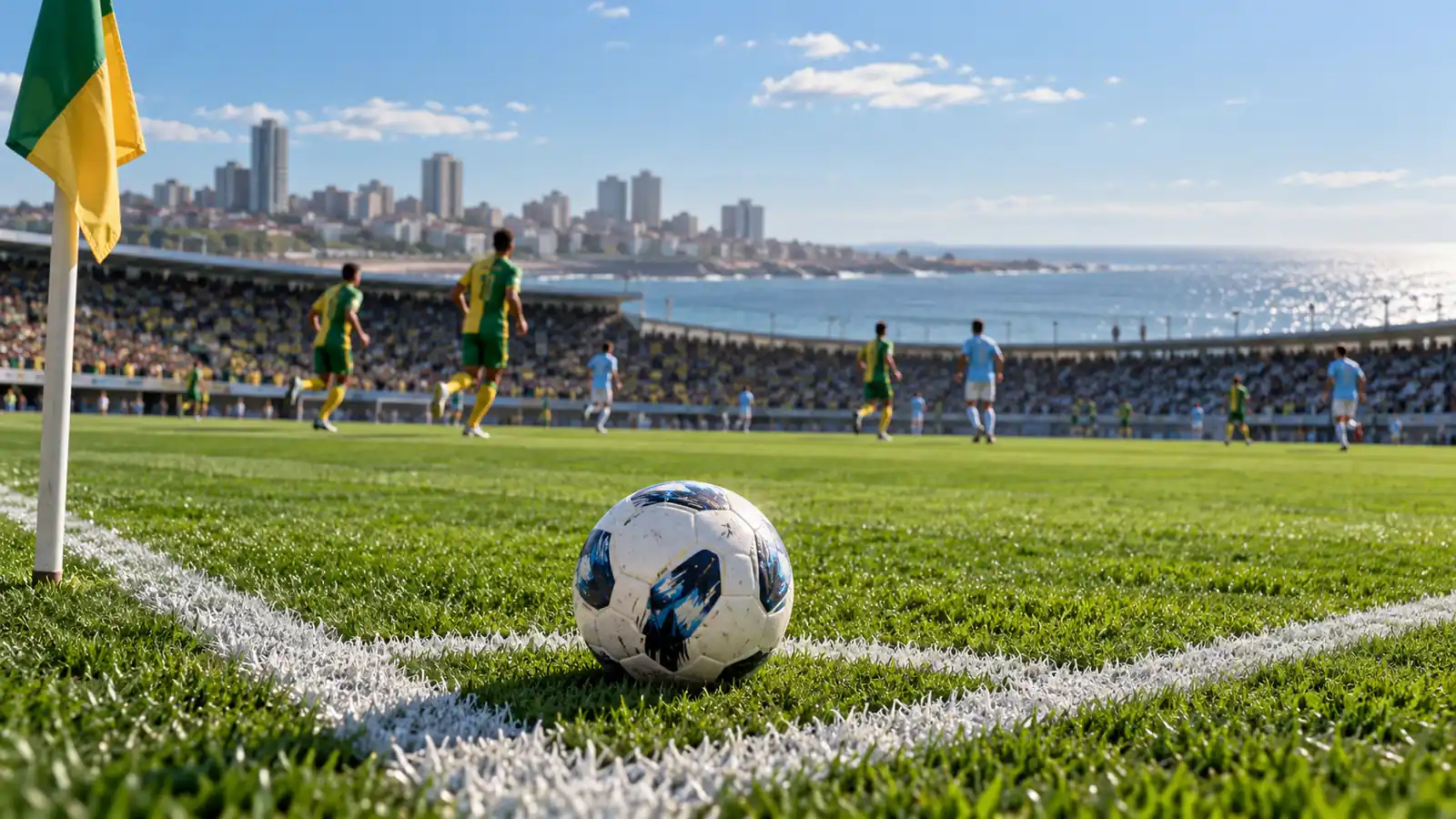 Ilustración de una pelota en un campo de fútbol y jugadores lejanos con camisetas verde amarilla y celeste