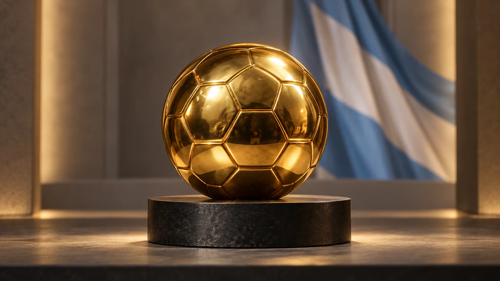 Ilustración de una esfera dorada con forma de pelota sobre un pedestal y una tela celeste y blanca desenfocada