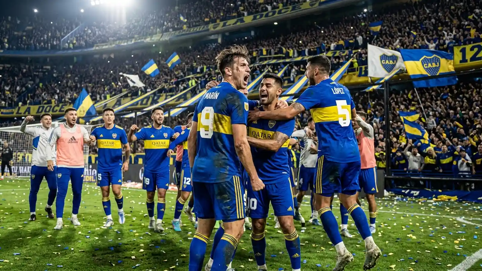 Festejo de los futbolistas de Boca Juniors en el campo de juego de La Bombonera tras lograr la clasificación internacional