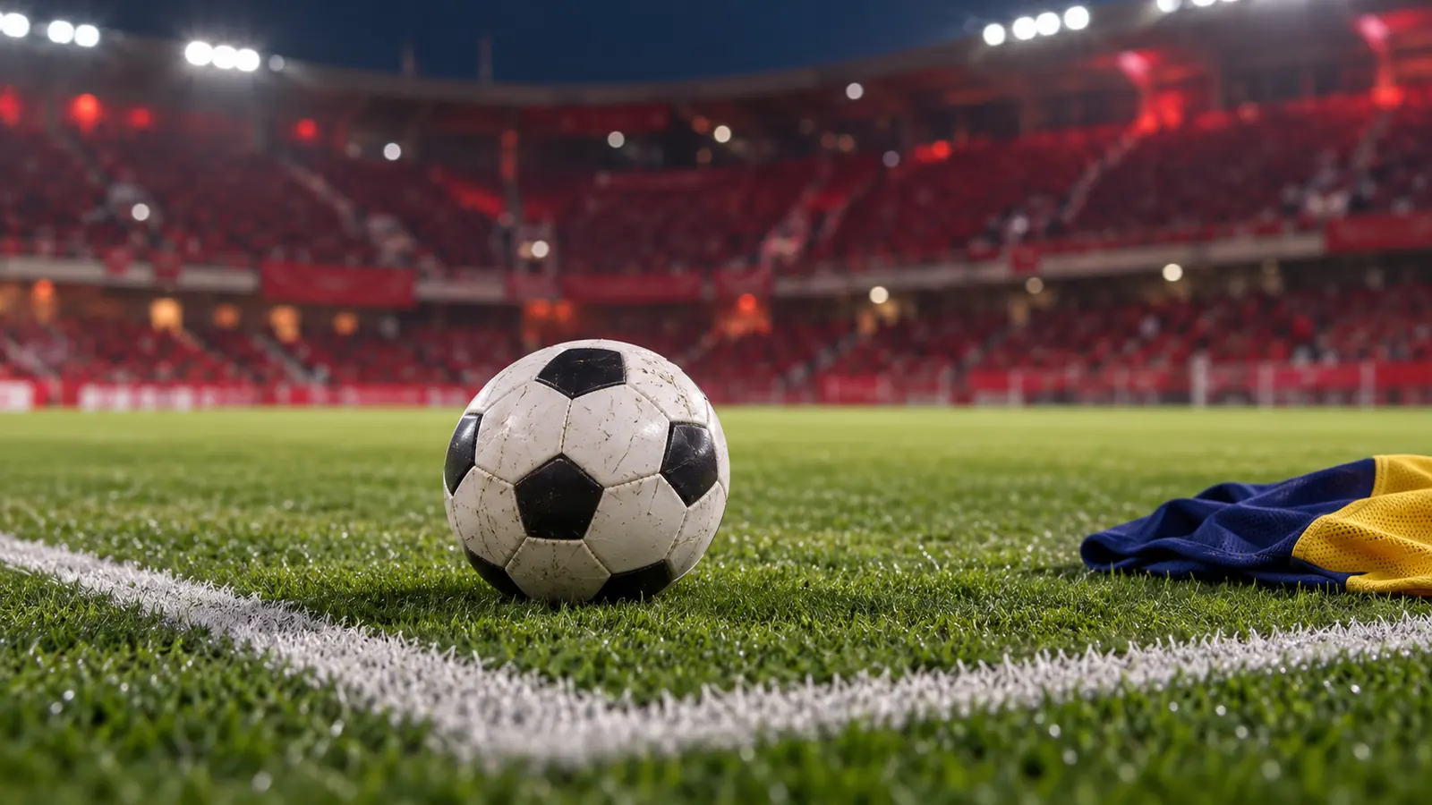 Ilustración de una pelota y un chaleco azul y amarillo sobre césped con tribunas rojas desenfocadas