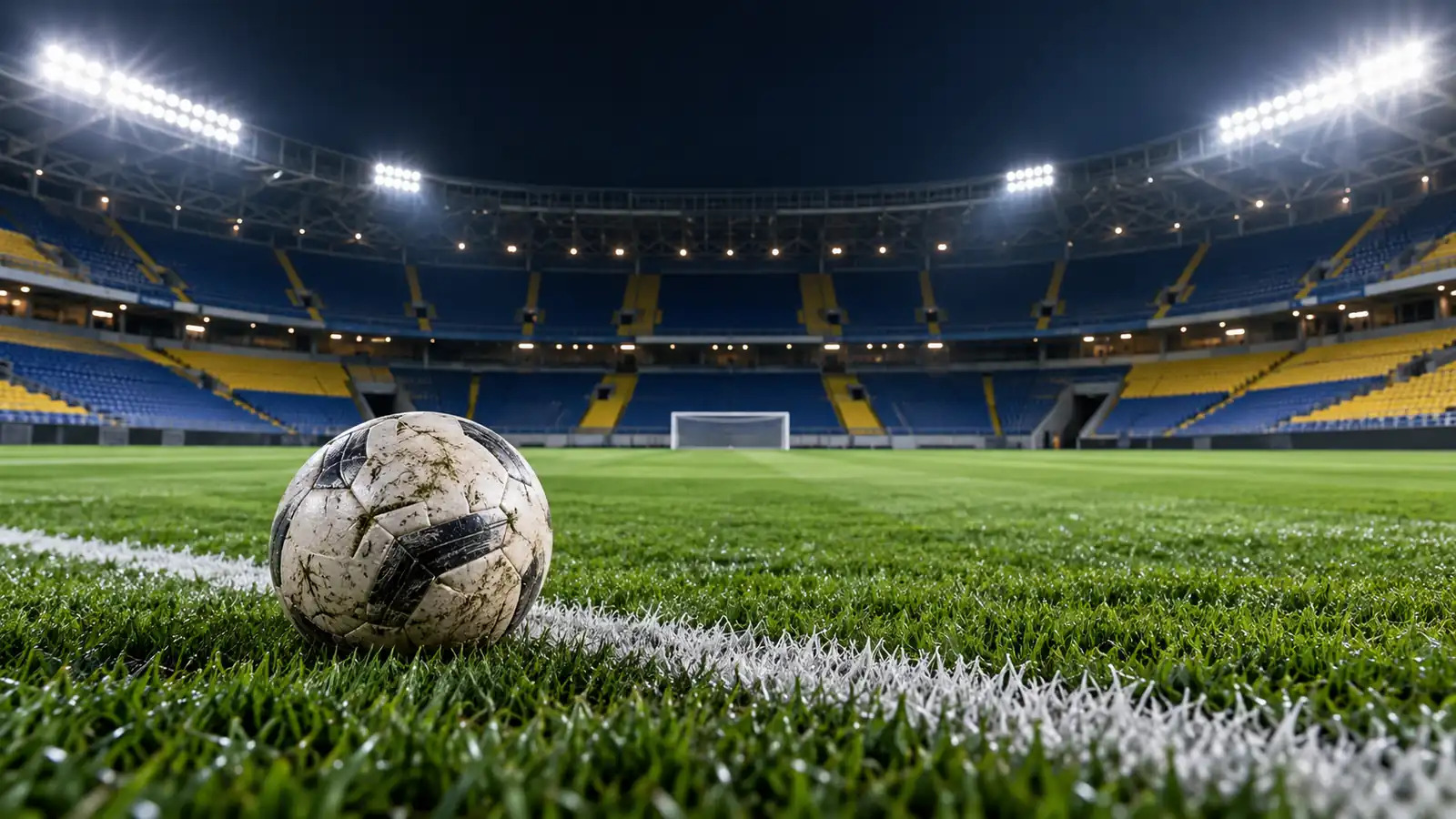 Ilustración de una pelota junto a la línea de una cancha vacía con tribunas azules y amarillas iluminadas