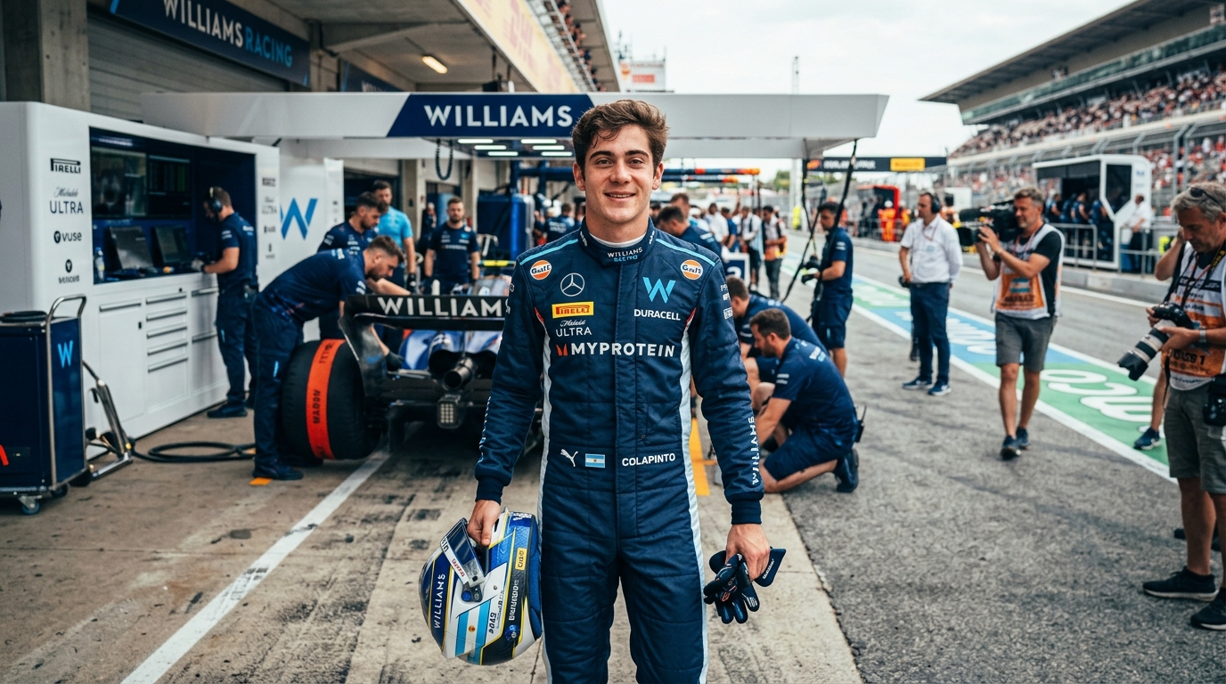 Franco Colapinto sonriendo con su traje de piloto de Williams en el pit lane