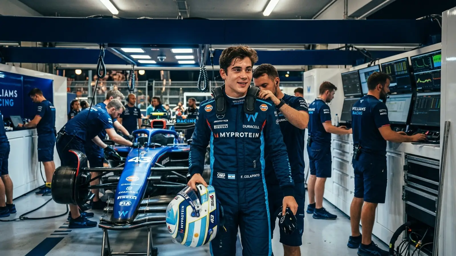 Franco Colapinto concentrado en los boxes del equipo Williams Racing junto a ingenieros y el monoplaza de Fórmula 1