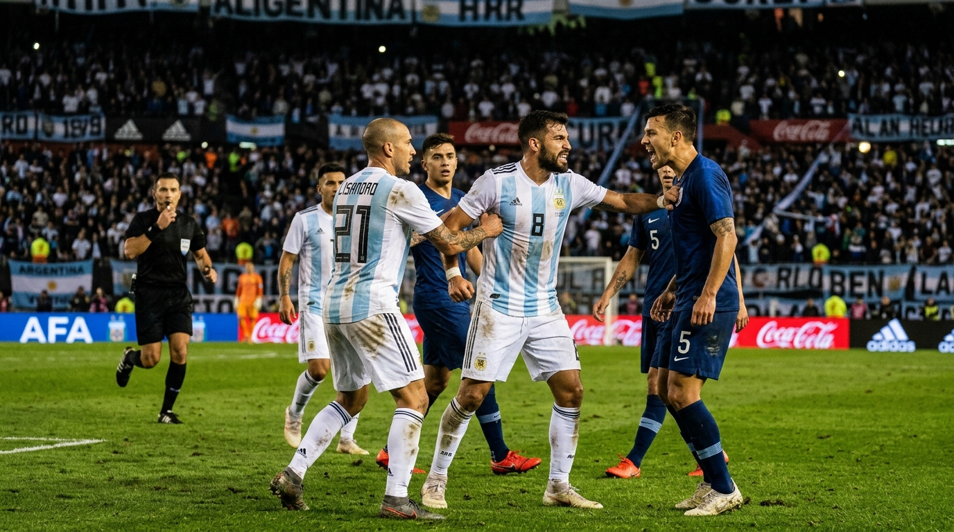 Jugadores de la Seleccin Argentina reclamando airadamente en el campo de juego