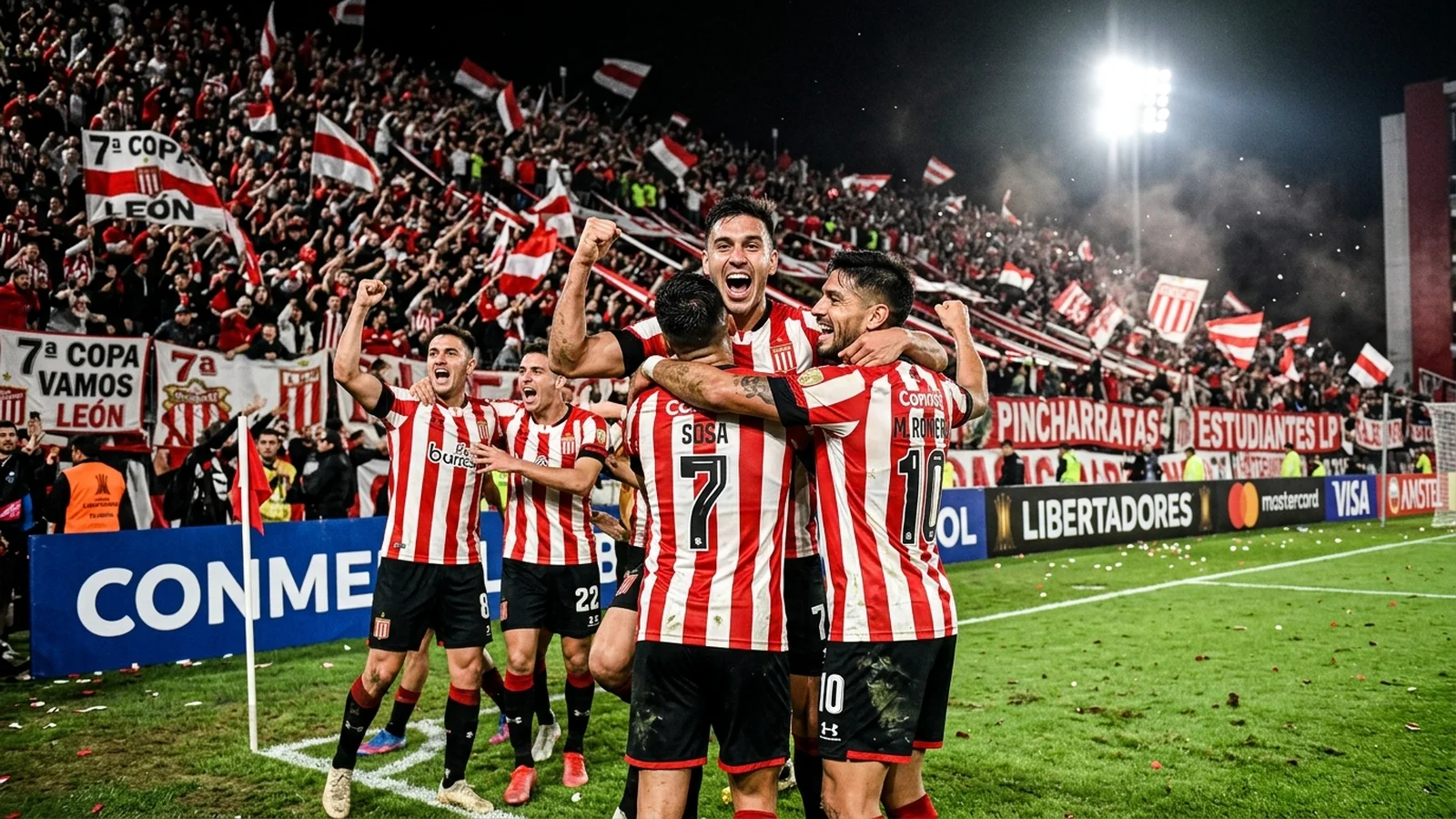 Jugadores de Estudiantes de La Plata festejando eufóricos la clasificación a semifinales de la Copa Libertadores con hinchada albirroja en la tribuna