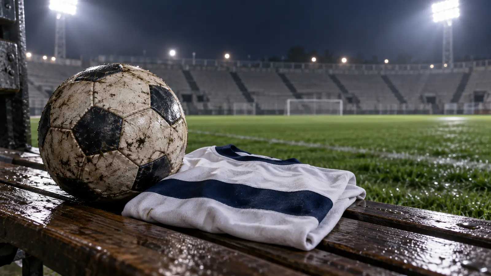 Ilustración editorial de una pelota y una camiseta blanca con franja azul sobre un banco junto a una cancha