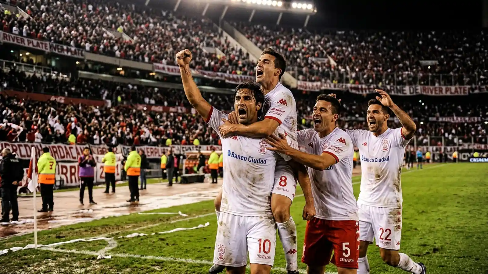 Futbolistas de Huracán celebrando con euforia el gol del triunfo en el césped del Estadio Monumental de Buenos Aires