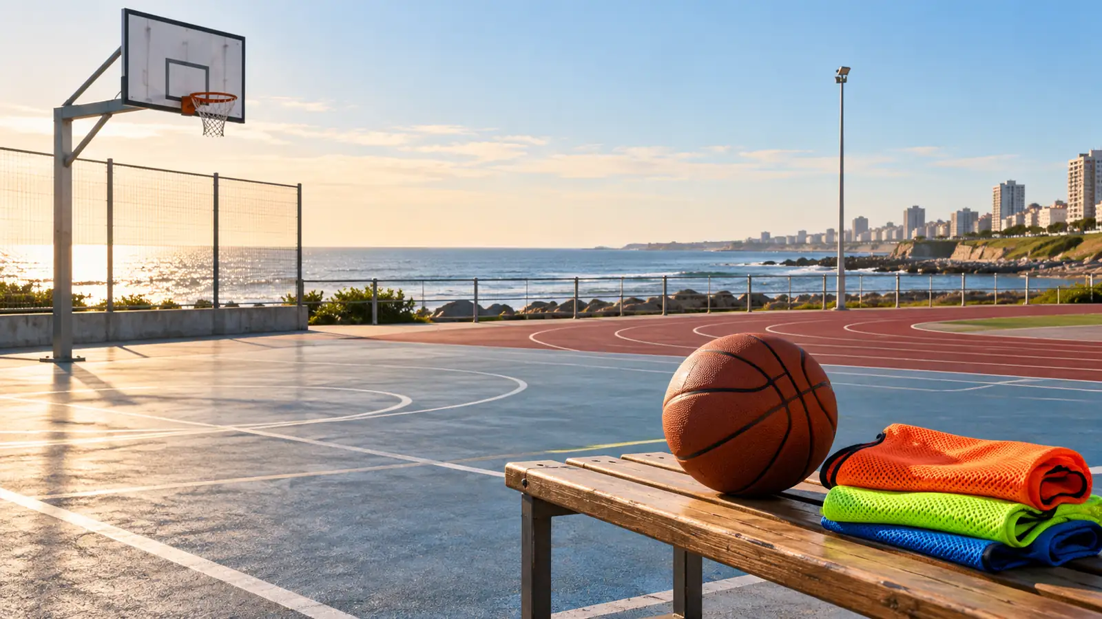 Ilustración de una pelota de básquet y pecheras sobre un banco de una cancha vacía junto al mar
