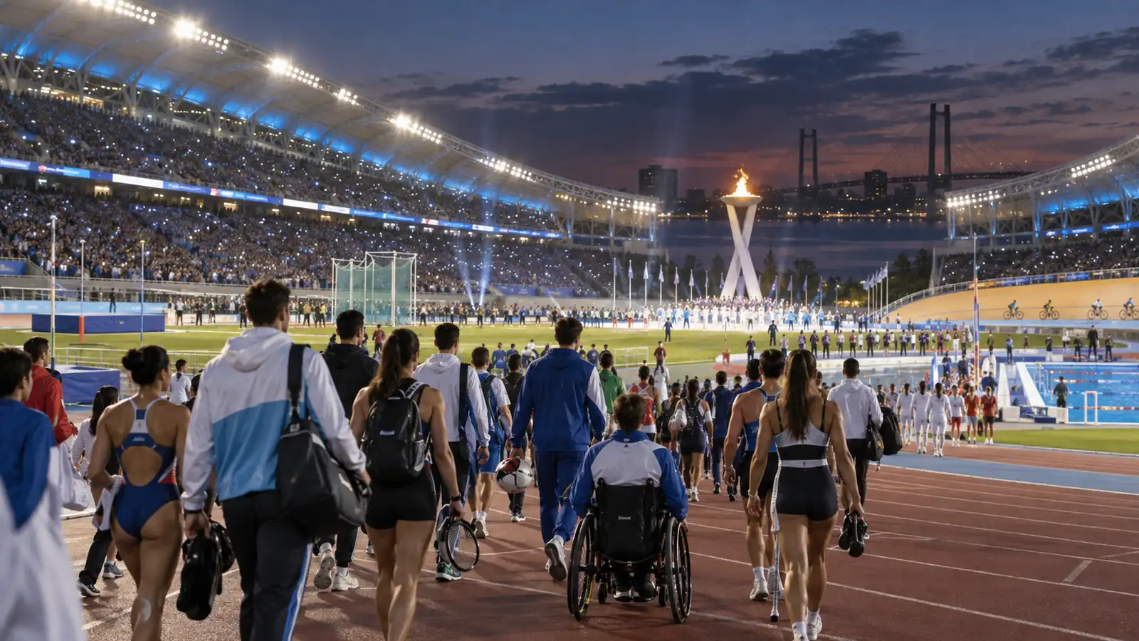 Atletas sudamericanos ingresan a un estadio moderno durante la apertura de un evento multideportivo en Santa Fe