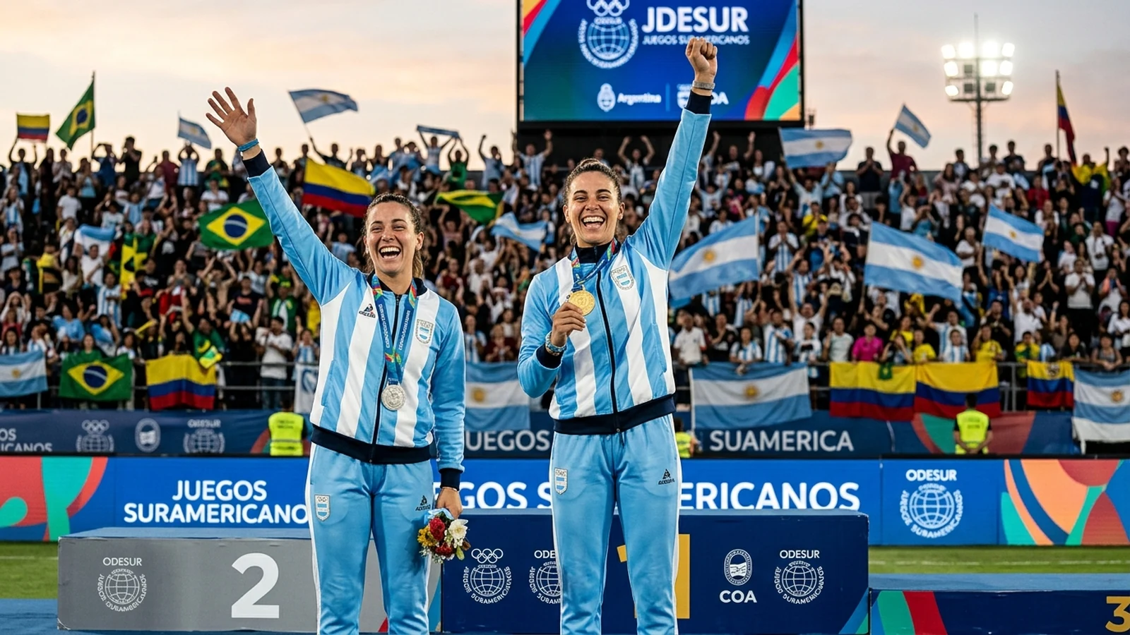 Atletas de la delegación argentina celebrando en el podio durante la premiación de los Juegos Suramericanos en Santa Fe