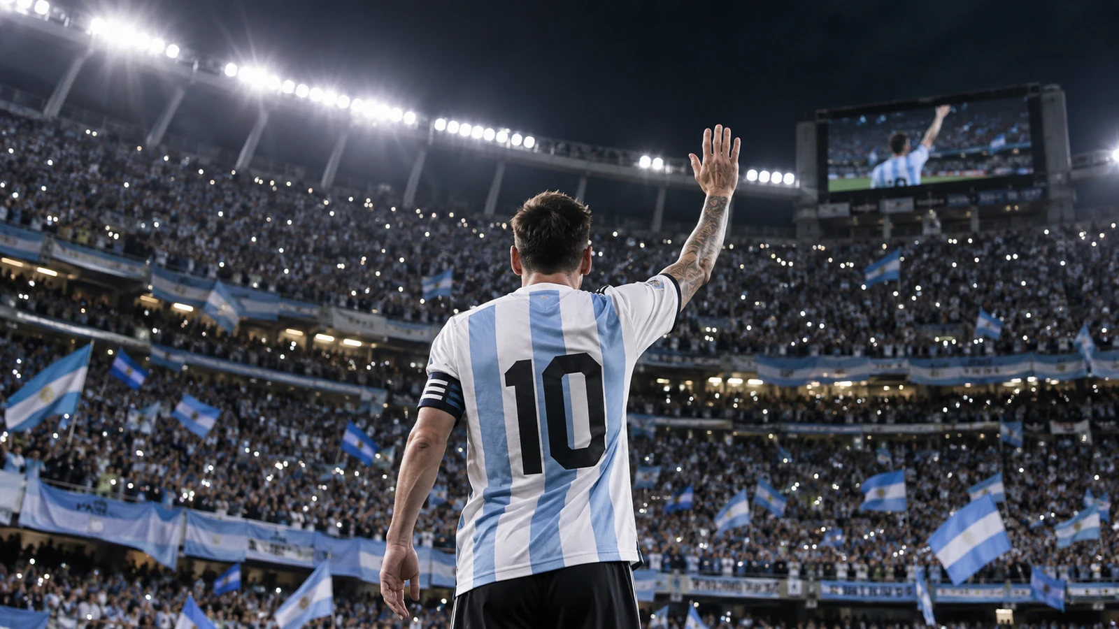 Futbolista argentino con la camiseta número diez saluda a un estadio Monumental colmado