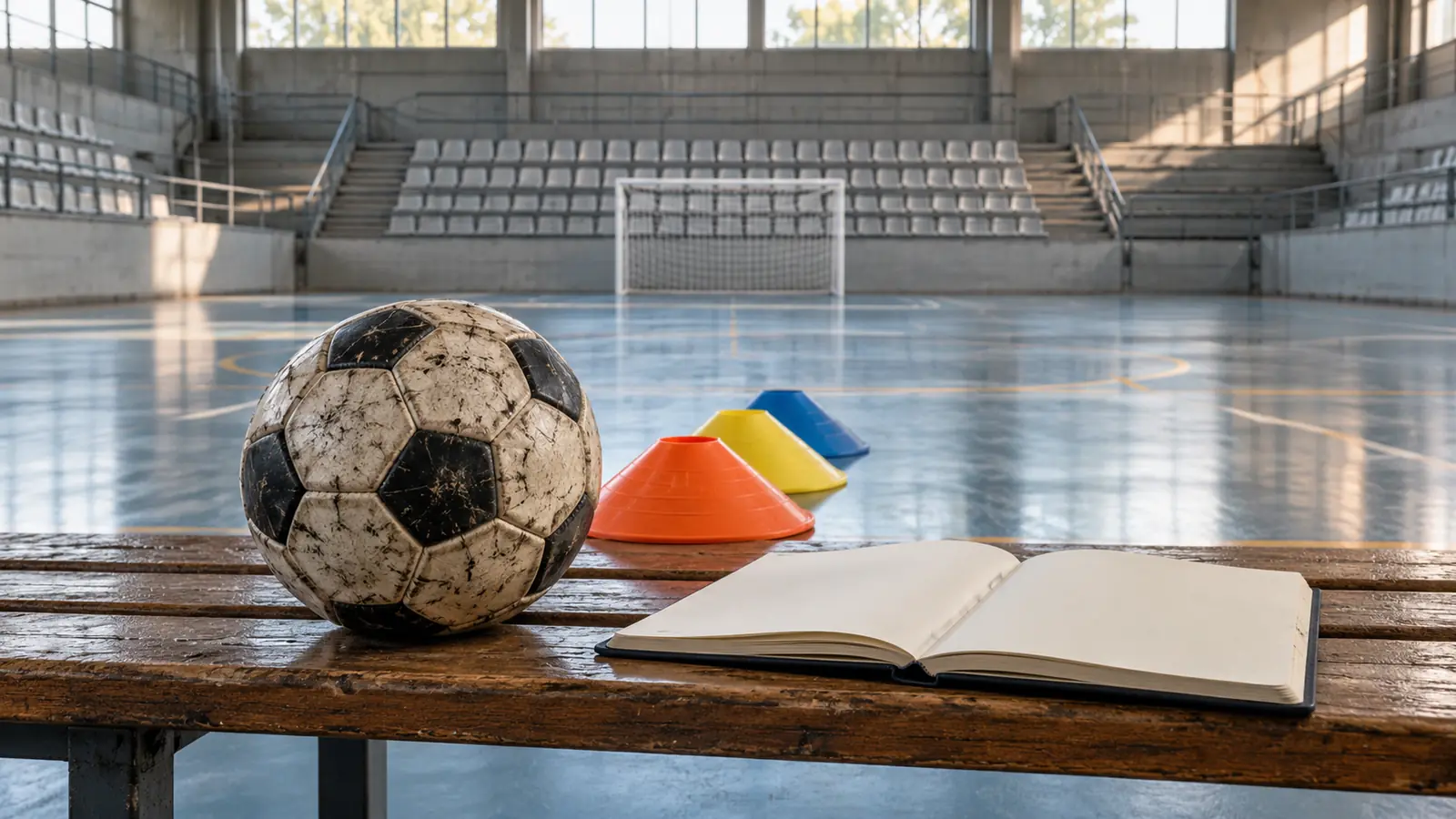 Ilustración de una pelota, conos de entrenamiento y un cuaderno en un polideportivo vacío