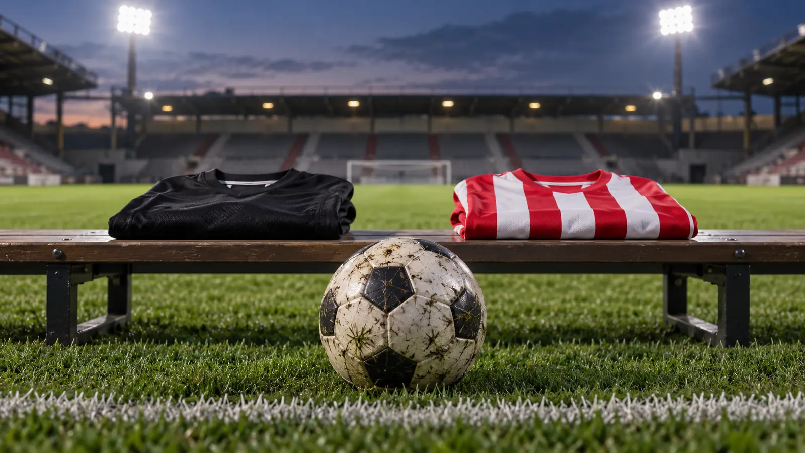 Ilustración de una pelota frente a dos camisetas sin escudos, una negra y otra roja y blanca, en una cancha genérica