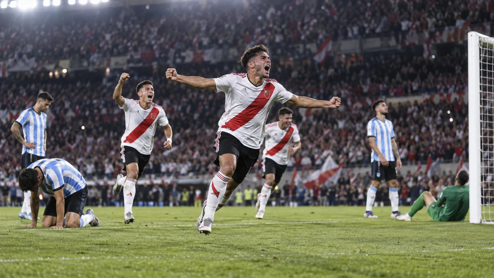 Futbolistas de camiseta blanca con banda roja celebran un gol nocturno frente a un equipo celeste y blanco