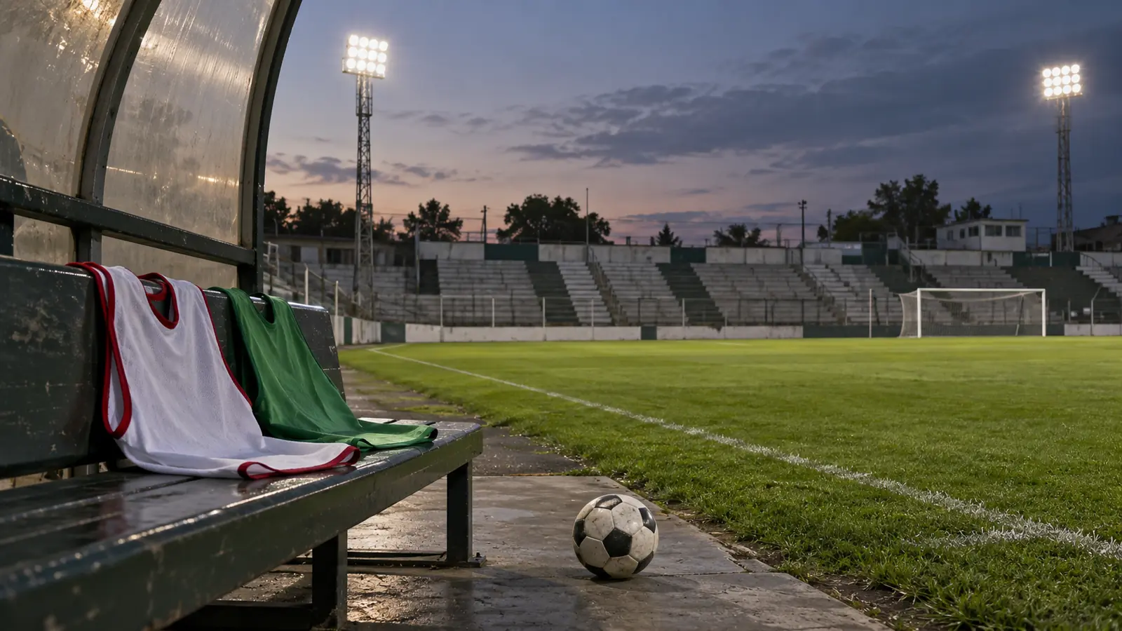 Ilustración editorial de una pelota y pecheras de entrenamiento junto a una cancha de fútbol vacía