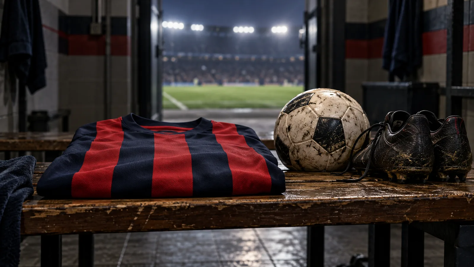 Ilustración de una camiseta azul y roja sin escudo, una pelota y botines sobre un banco de vestuario