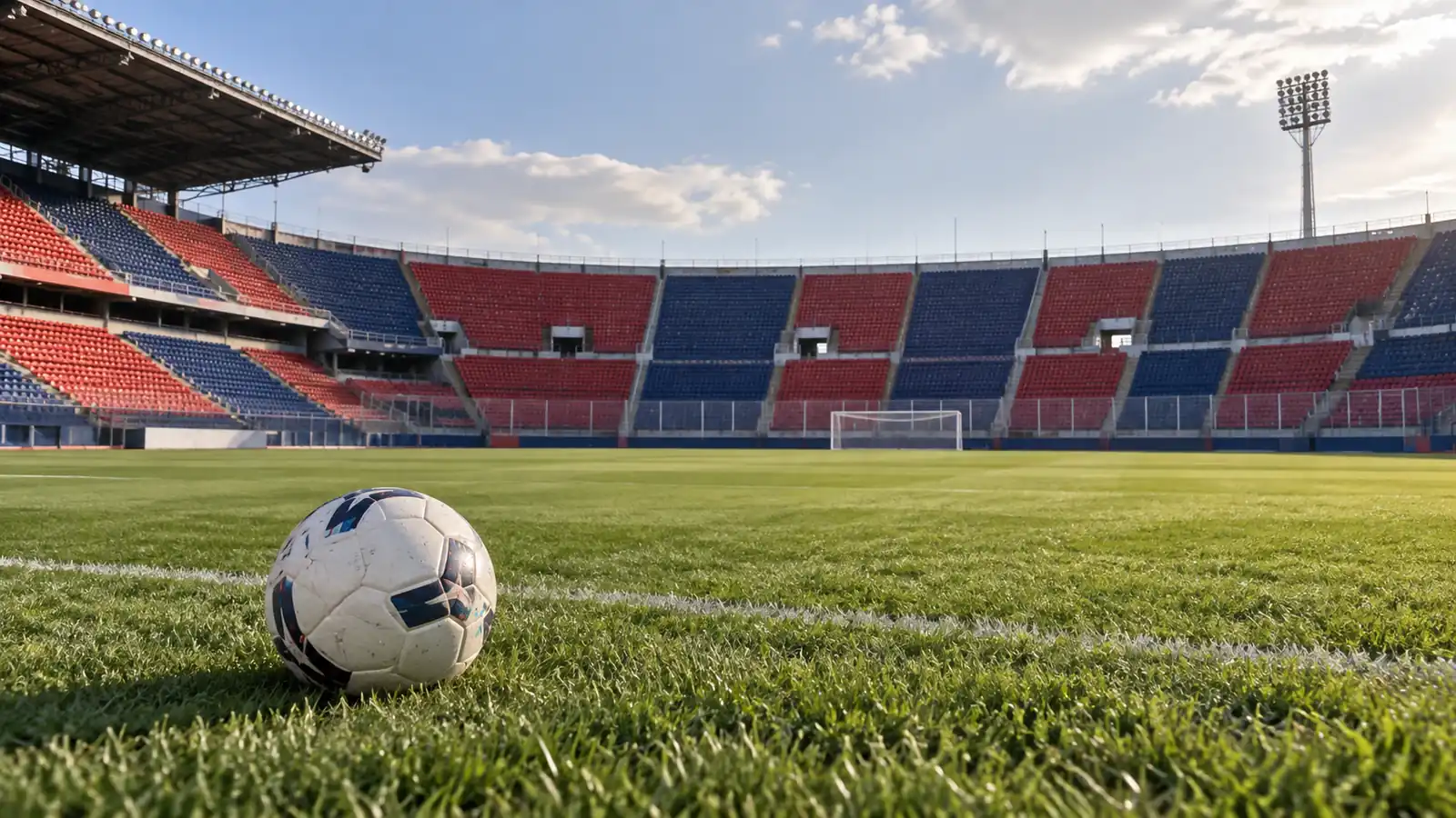 Ilustración de una pelota sobre el césped de un estadio vacío con tribunas rojas y azules