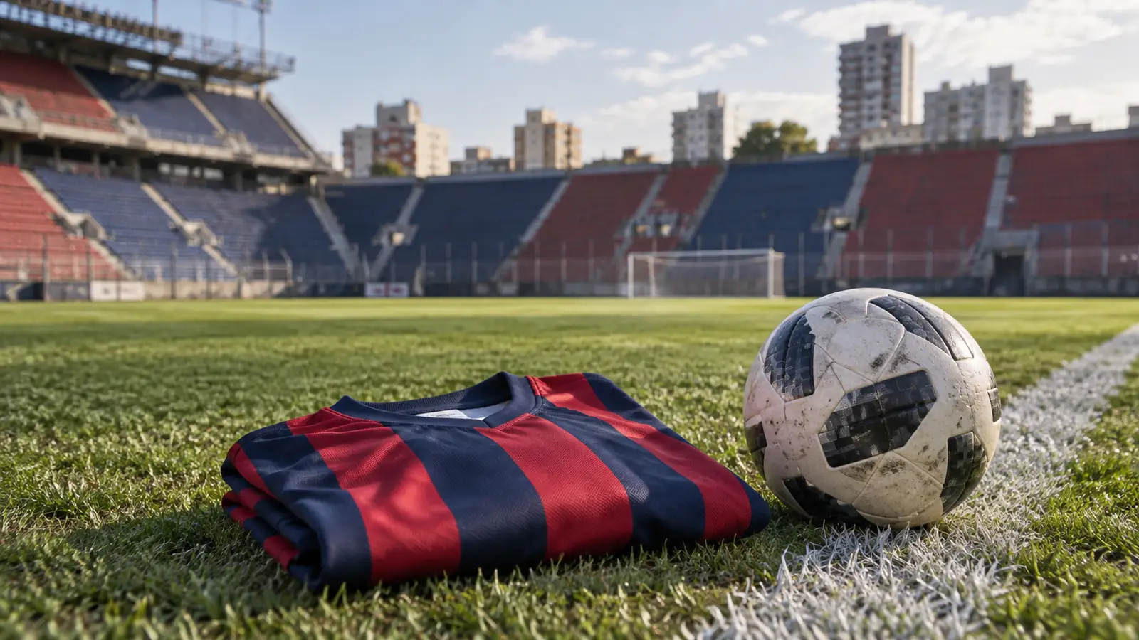Ilustración editorial de una camiseta azul y roja sin escudo junto a una pelota y un estadio vacío