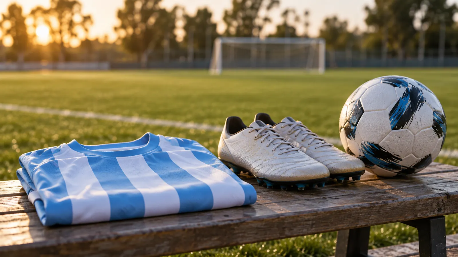 Ilustración de una camiseta celeste y blanca sin escudo, botines y una pelota junto a una cancha