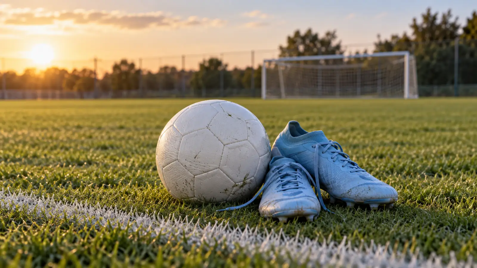 Ilustración de una pelota y botines celestes junto a una línea de una cancha de fútbol vacía