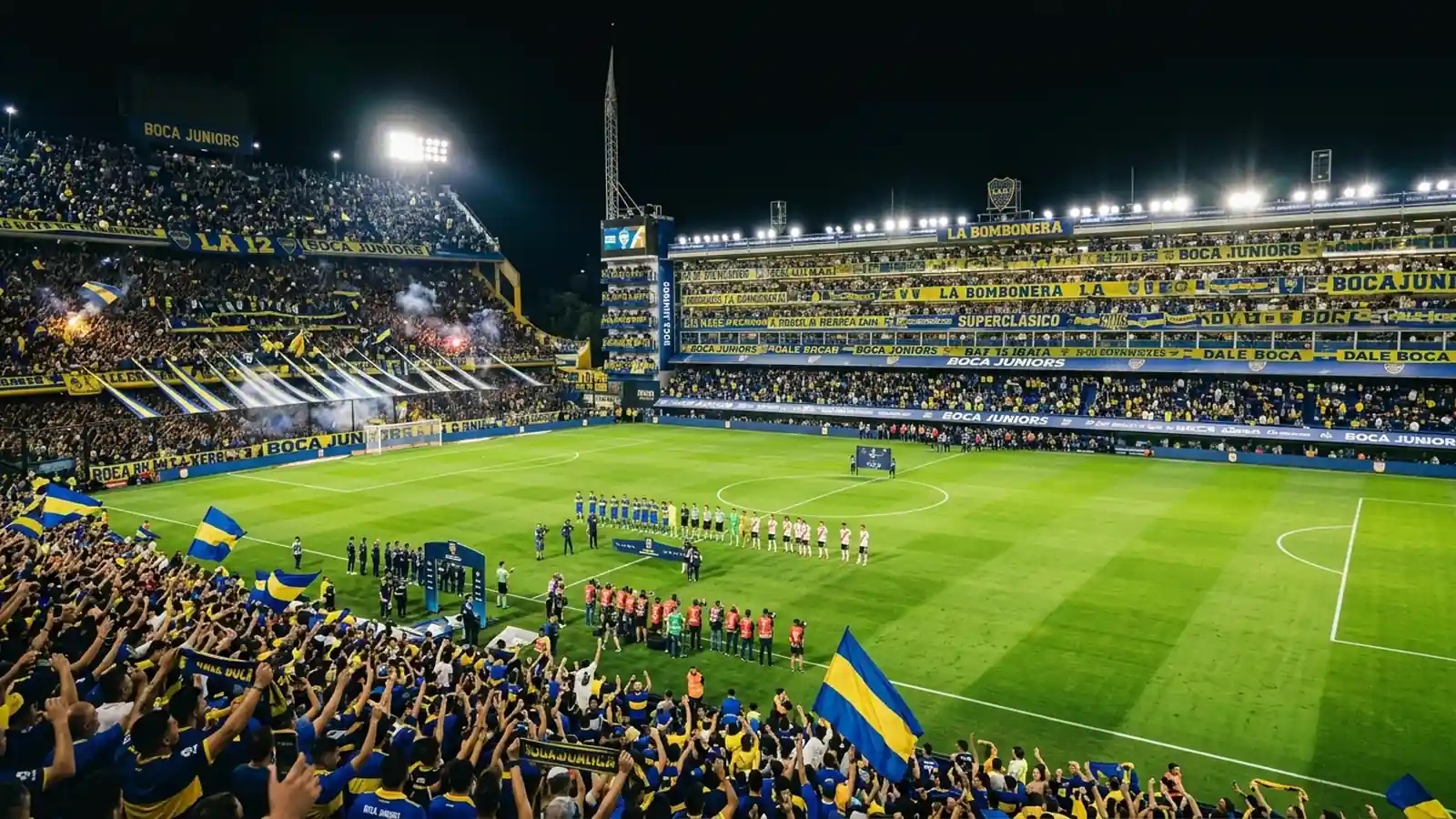 Vista panorámica del estadio La Bombonera repleto de simpatizantes con banderas azules y amarillas en la previa de un clásico