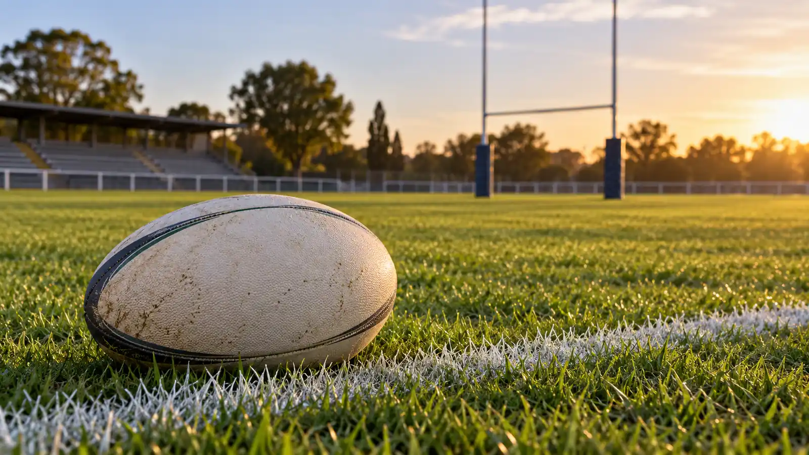 Ilustración de una pelota de rugby sobre el césped, con postes y tribunas de club desenfocados