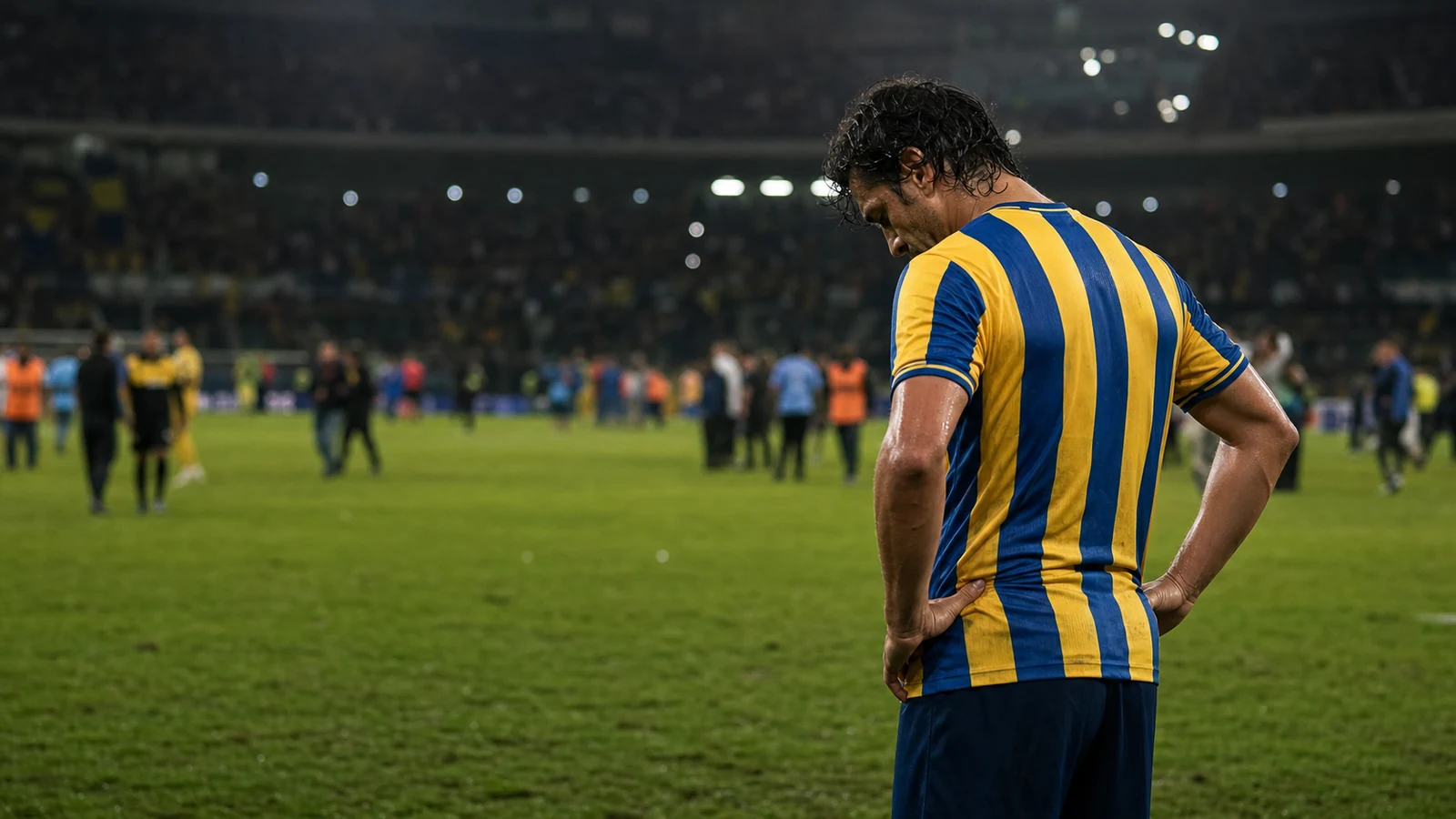 Futbolista veterano con camiseta azul y amarilla permanece pensativo sobre el césped después de un partido nocturno
