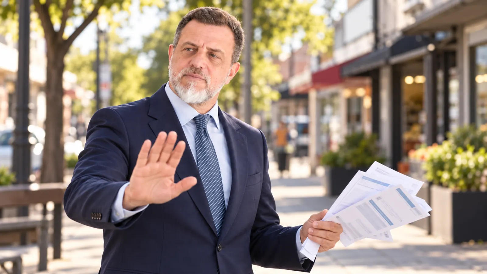 Diego Kravetz en una composición editorial frente a una zona comercial de Lanús, con gesto de rechazo y documentación en la mano