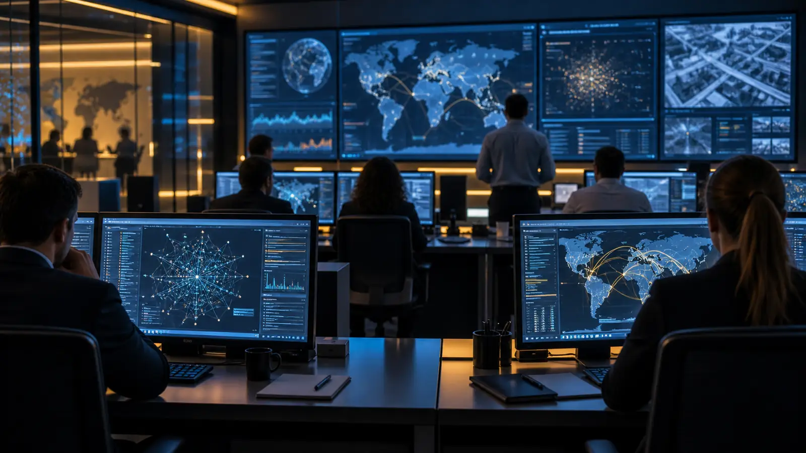 Equipo de análisis observa patrones de red y mapas digitales en un centro de monitoreo
