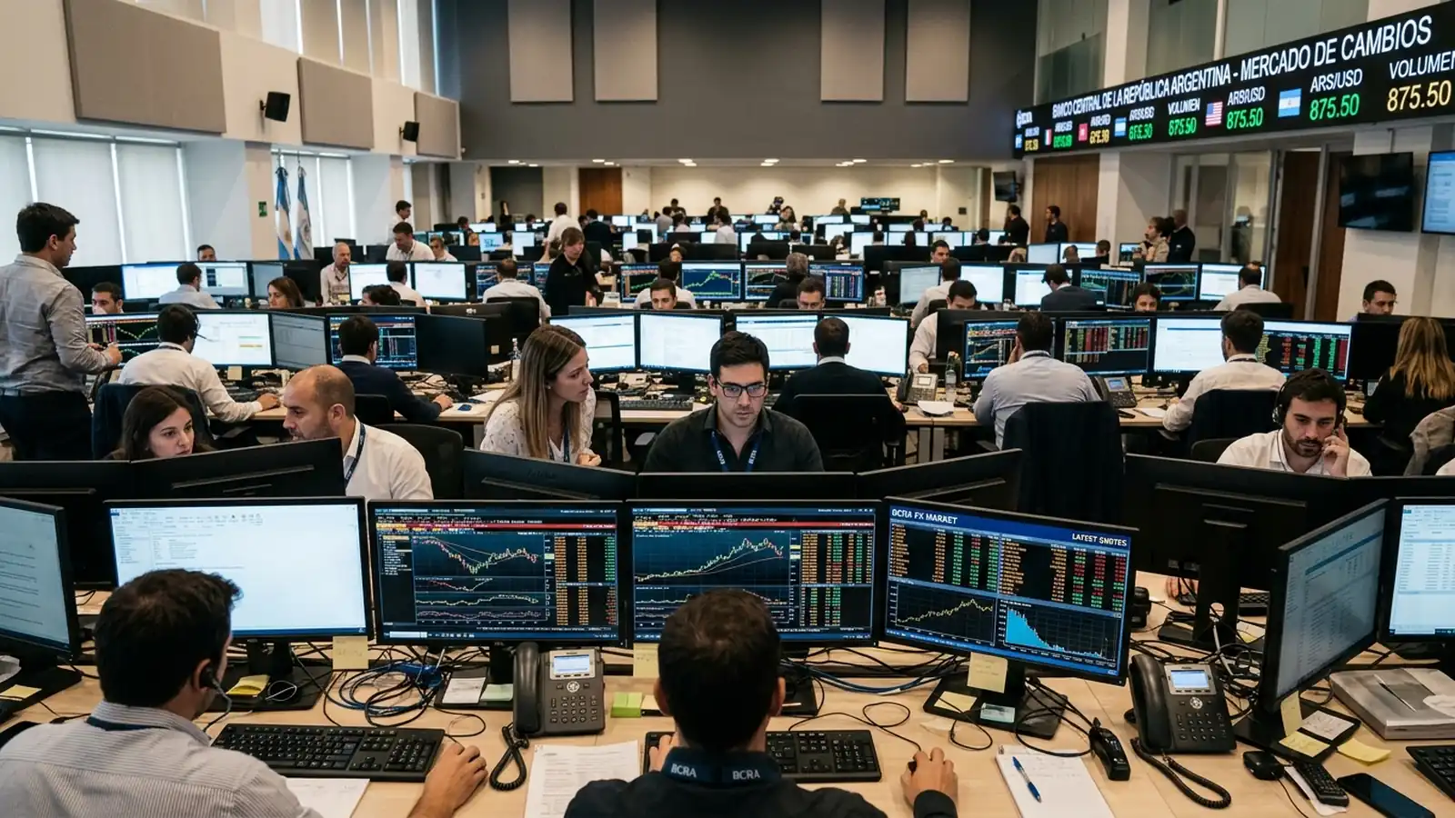 Mesa de operaciones del Banco Central de la República Argentina monitoreando el mercado cambiario y la evolución de las reservas