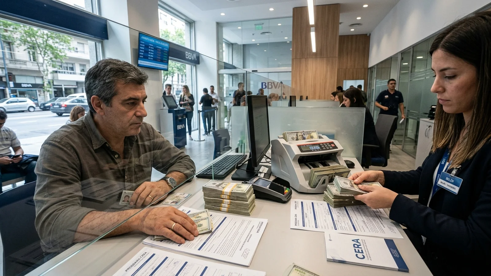 Casa de cambio en el microcentro porteño con pantallas de cotización del dólar y peatones caminando por la vereda
