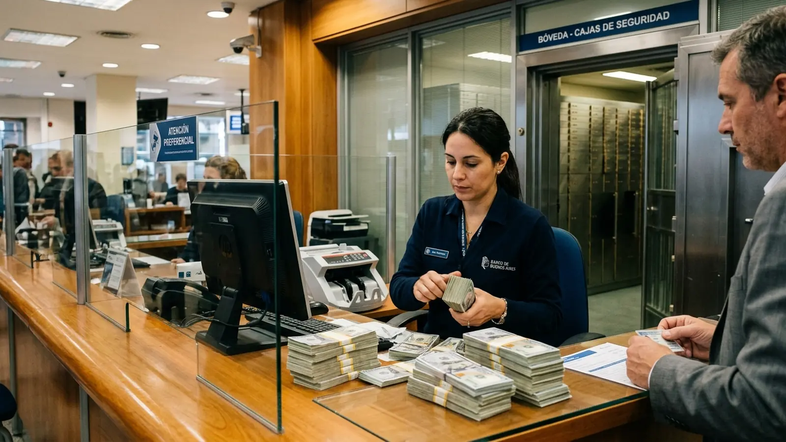 Cajera bancaria en Buenos Aires contando fajos de dólares estadounidenses en el marco del aluvión de depósitos por el blanqueo