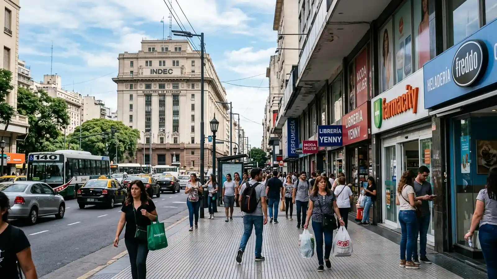 Avenida comercial de Buenos Aires con peatones y vidrieras comerciales frente al edificio del INDEC