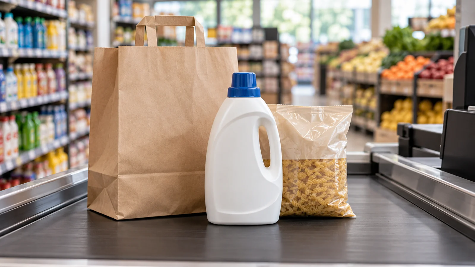 Ilustración de una bolsa de compras, detergente sin marca y un paquete de alimentos sobre una cinta de caja