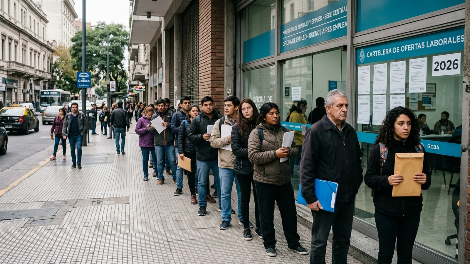 Fila de personas esperando para presentar su currículum vitae frente a una oficina de empleo en una avenida céntrica